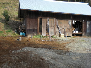 The barn...and the rough-up plan of the new shower/bathroom area in front of it